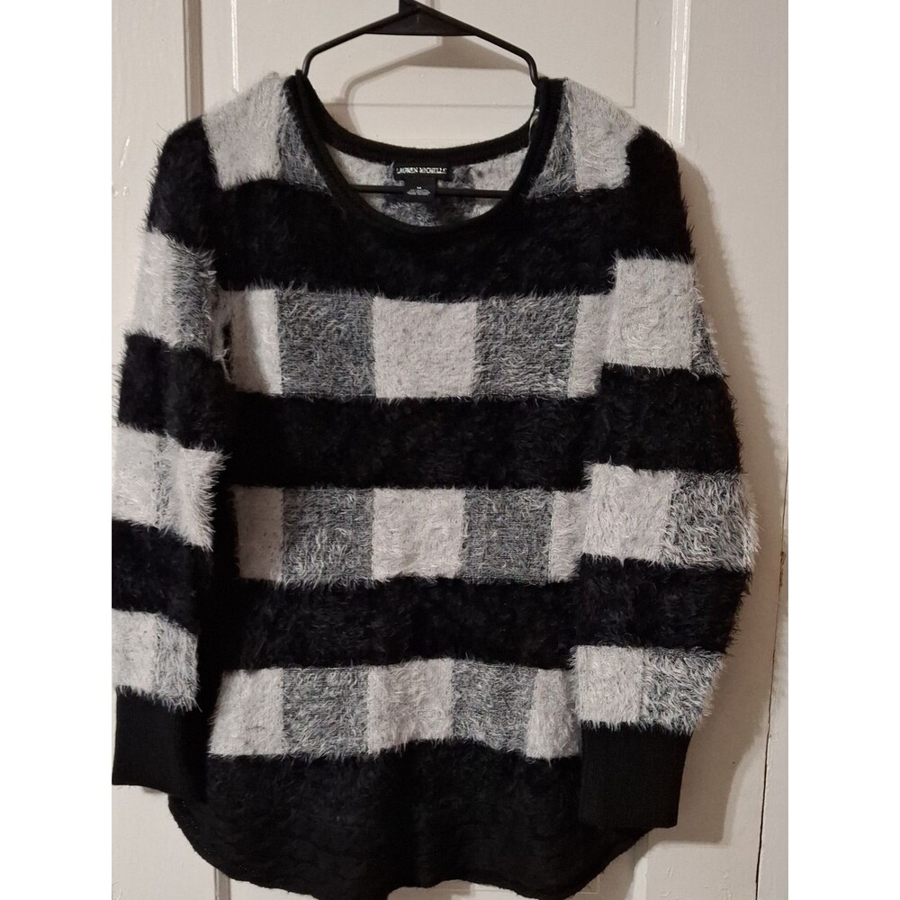 Lauren Michelle Fuzzy Black and Light Gray Striped Crew Sweater (Mis438)